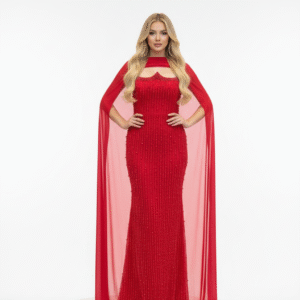 Kırmızı İncili Taşlı Straplez Abiye Elbise