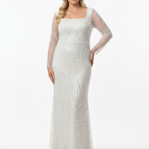 Beyaz Taş ve Payet İşlemeli Uzun Kollu Şık Abiye Elbise