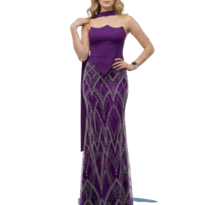 Mor Taş ve Payet İşlemeli Uzun Abiye – Straplez Görünümlü Şık Gece Elbisesi