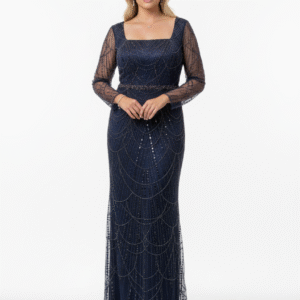 Lacivert Taş ve Payet İşlemeli Uzun Kollu Şık Abiye Elbise
