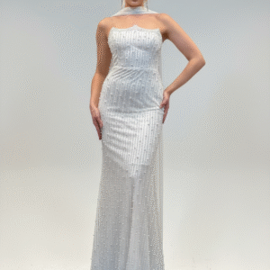 Kahverengi İncili Taşlı Straplez Abiye Elbise