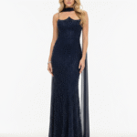 Lacivert İncili Taşlı Straplez Abiye Elbise