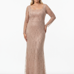 Krem Taş ve Payet İşlemeli Uzun Kollu Şık Abiye Elbise