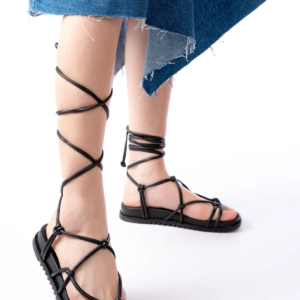 1001-1001 Siyah Bilekten Bağcıklı Kadın Sandalet