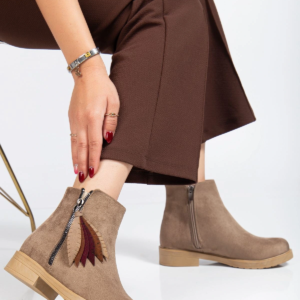 165-205 Vizon Süet  Yaprak Desenli Fermuarlı Günlük Kadın Bot