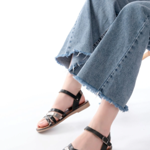 205-093 Siyah Garni Hakiki Deri Ortopedik Taban Kadın Sandalet