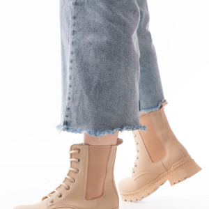 2051-298 Bej Düz Topuklu Bağcıklı Lastikli Günlük Kadın Bot