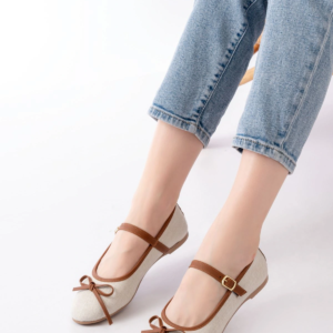 6321 Bej Keten Günlük Baret Tokalı Bayan Babet