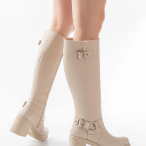 767-3005 Bej Toka Aksesuarlı Fermuarlı Günlük Kalın Topuklu Kadın Bot