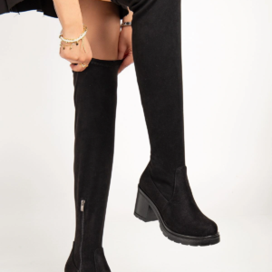 767-3010 Siyah Süet Streç Günlük Kalın Topuklu Kadın Çizme