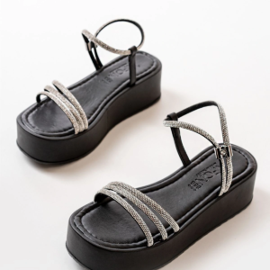 861-1100 Siyah Günlük Gümüş Taşlı Dolgu Kadın Sandalet