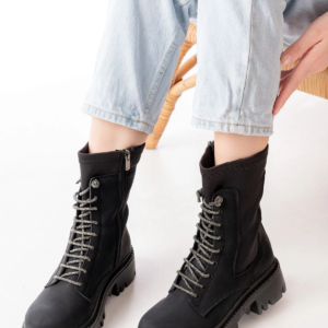 868-2006 Siyah Zümrüt Düz Topuklu Bağcıklı Fermuarlı Günlük Kadın Bot