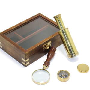 Ahşap Kutulu Pirinç Pusula Dürbün Ve Büyüteç Seti