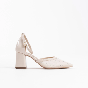 Borie Bej Tekstil Kumaş Taşlı Kadın Topuklu Ayakkabı