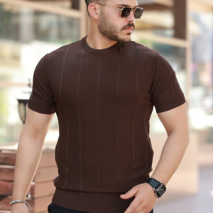 Erkek Desenli çizgi Kabartmalı Kısa Kollu Tişört