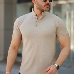 Erkek Hakim Yaka Dokuma Pamuklu Kumaş Kısa Kollu T-shirt