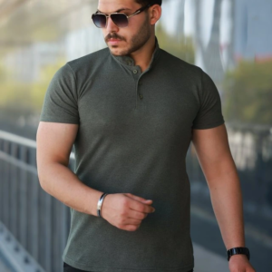 Erkek Hakim Yaka Dokuma Pamuklu Kumaş Kısa Kollu Tişört