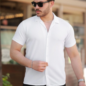 Erkek Ottoman Kumaş Apaj Yaka Kısa Kollu Gömlek