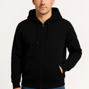 Erkek Üç İplik Kapüşonlu Tam Fermuarlı Kanguru Çepli SweatShirt Hoodie - Siyah