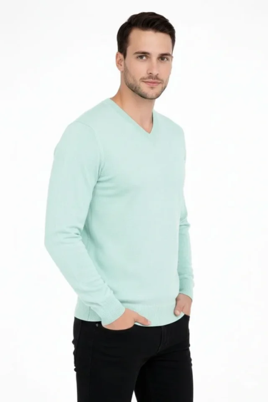 Erkek V Yaka Triko Kazak Yumuşak Dokulu Pamuklu Ince Dokuma, Uzun Kollu Rahat Regular Kalıp - Mint Yeşili