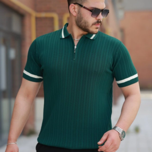 Erkek Yaka Ve Kolları çizgi Detaylı Fermuarlı Kısa Kollu T-shirt