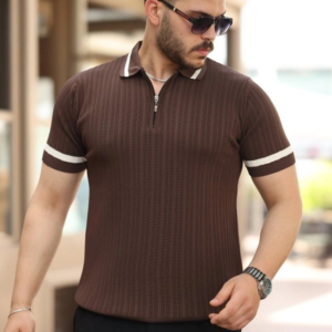 Erkek Yaka Ve Kolları çizgi Detaylı Fermuarlı Kısa Kollu T-shirt