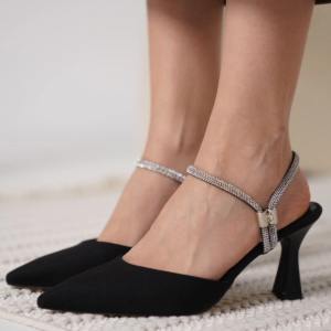 Georgina Kadın Taşlı Siyah Saten Topuklu Ayakkabı