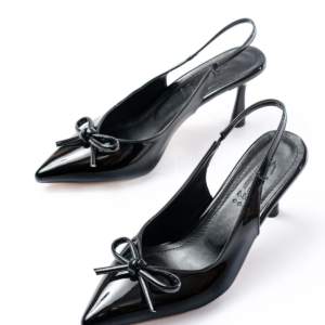 İNF-4500 Siyah Rugan Günlük Arkası Açık Fiyonklu Topuklu Bayan Ayakkabı