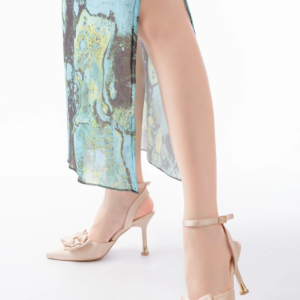 İNF-4505 Bej Saten Günlük Arkası Açık Kurdele detaylı Topuklu Bayan Ayakkabı