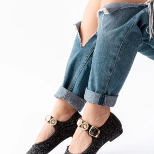 İNF-6363 Siyah Havlu Desenli Baret Tokalı Günlük Bayan Ayakkabı