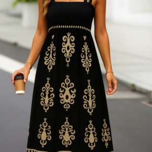 Kadın Askılı Kare Yaka Gipe Detaylı Desenli Suprem Elbise