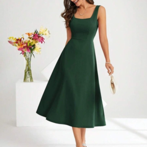 Kadın Askılı Kare Yakalı Midi Ithal Krep Elbise