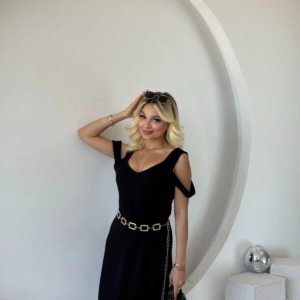 Kadın Askılı Soğuk Omuz Detaylı Modal Elbise