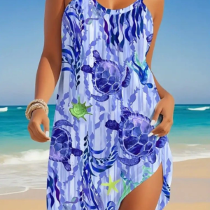 Kadın Askılı Yuvarlak Yaka Kaplumbağa Desenli Süprem Elbise