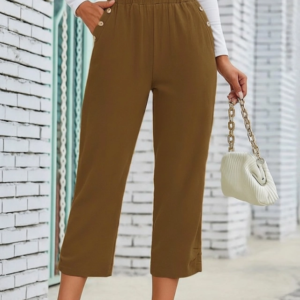 Kadın Beli Lastikli Düğme Ve Cep Detaylı Kapri Ithal Keten Pantolon