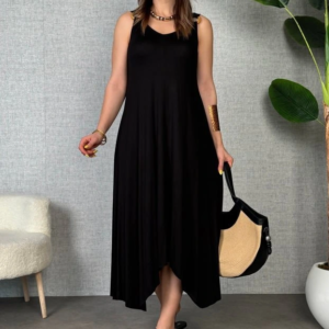 Kadın çan Dokuma Kumaş V Yaka Asimetrik Kesim Elbise