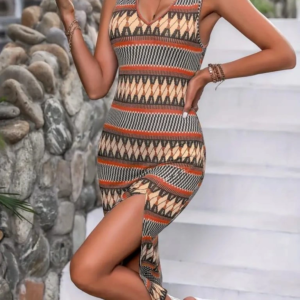 Kadın çok Renkli Yırtmaçlı Dizde Süprem Elbise