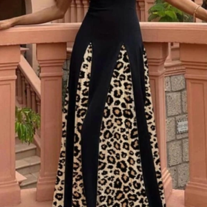 Kadın Dalgıç Kumaş Leopar Desenli Kloş Elbise