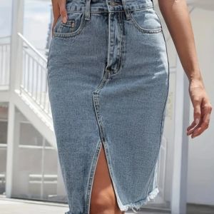 Kadın Elastik Bel Yırtık Kenar Detaylı Kot Etek