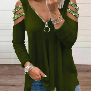 Kadın Haki Kolları Taş Işlemeli Uzun Kol Fermuarlı Viskon Bluz