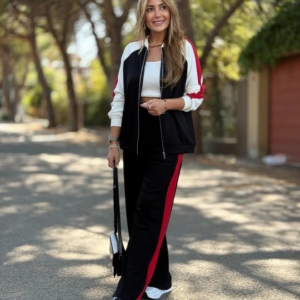 Kadın Hakim Yaka şerit Detay Hırka Ve Bol Paça Pantolon Ikili Takım