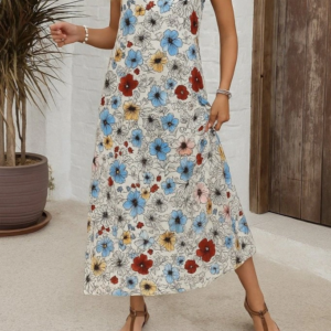 Kadın Ip Askılı Geniş V Yakalı Desenli Süprem Elbise