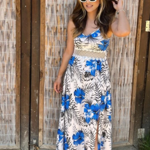 Kadın Ip Askılı V Yakalı Bel Güpür çiçek Desenli Yandan Yırtmaçlı Maksi Süprem Elbise