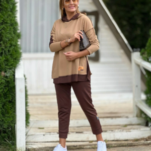 Kadın Kahve Kapşonlu Etek Ucu Detay Arma Ters Dikiş Gorunumlu Ikili Takım