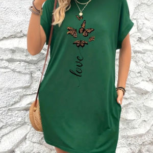 Kadın Kısa Kollu Bisiklet Yaka Cepli Kelebek Baskılı Viskon Elbise