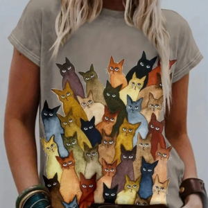 Kadın Kısa Kollu Bisiklet Yaka Kedi Desenli Süprem Bluz