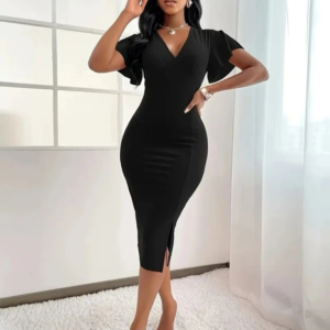 Kadın Kısa Kollu Derin Dekolte V Yakalı Yırtmaçlı Midi Janjan Krep Elbise