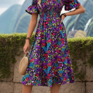 Kadın Kısa Kollu Kare Yakalı Beli Lastikli çiçek Desenli Mini Süprem Elbise