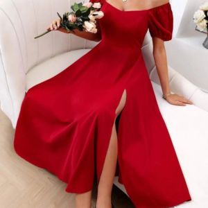 Kadın Kısa Kollu Kare Yakalı Yırtmaçlı Midi Janjan Krep Elbise