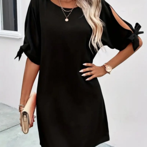 Kadın Kısa Kollu Kolu Bağlamalı Yakası Açık Janjan Elbise